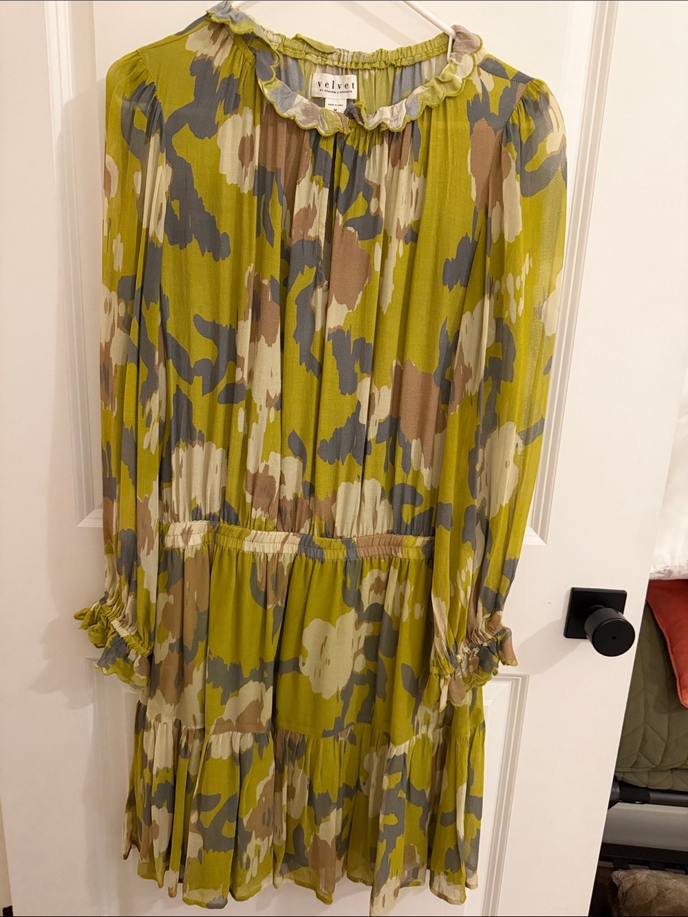 Velvet by Graham & Spencer Olive Yellow Floral Pleated Long-Sleeve Dress